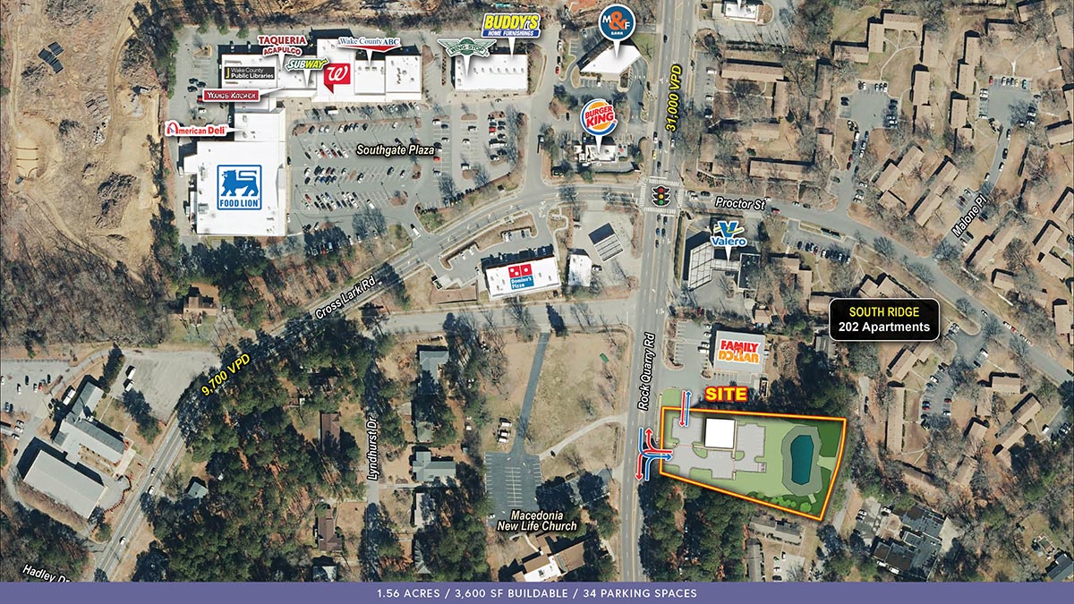 1.56 acres / 3,600 SF buildable / 34 parking spaces on Rock Quarry Rd